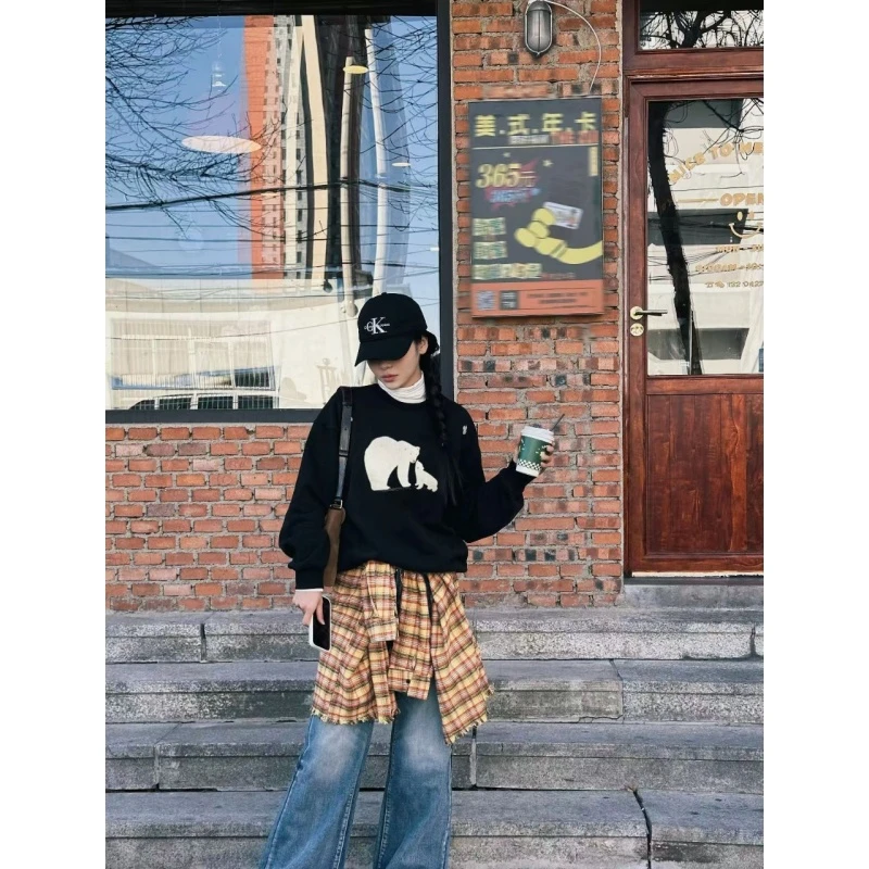 Kerin {宇宙}秋冬新品闪亮宇宙星空北极熊印花上衣女 百搭宽松闪