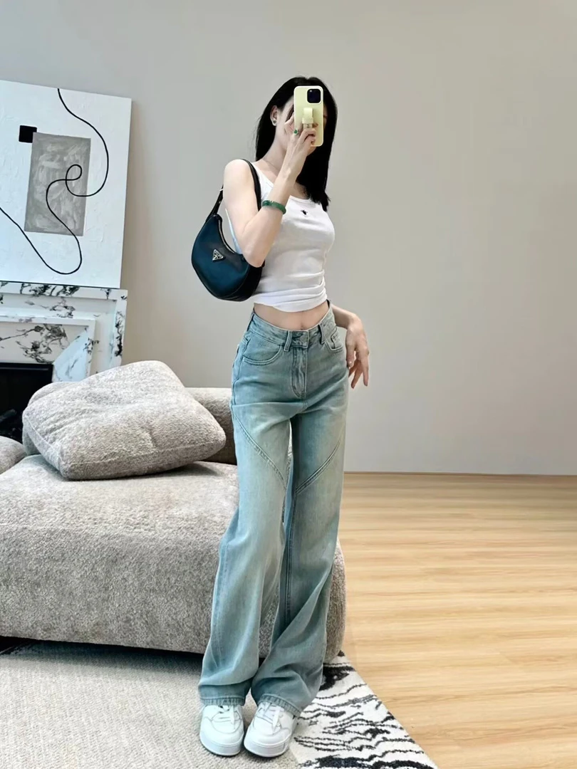 新款高腰宽松设计拖地美式复古水洗微喇牛仔裤B1-01A-9003#