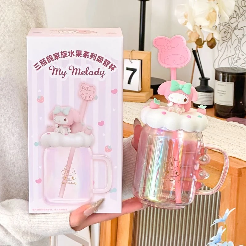 三丽鸥吸管玻璃杯史迪仔手柄便携水杯男女生可爱家用牛奶咖啡杯子
