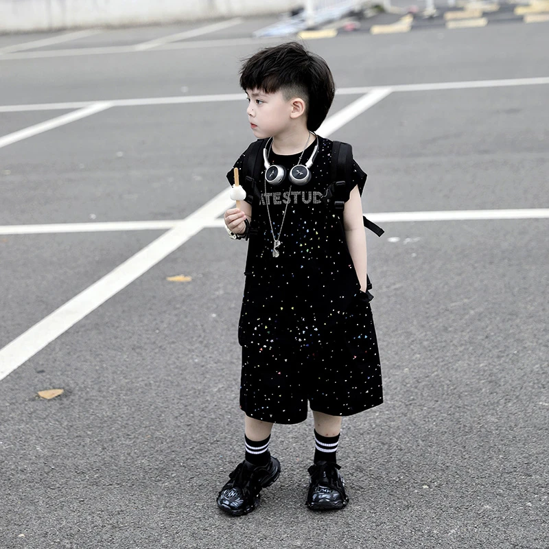 男童夏季无袖背心套装潮酷网红满钻小童宝宝炸街两件套夏装衣服