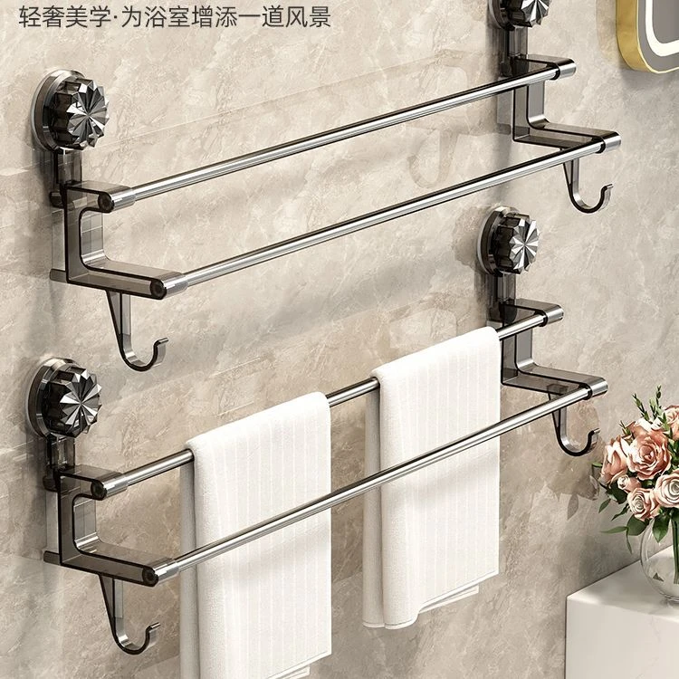 新款吸盘架家用卫生间免打孔壁挂式双杆带挂钩浴巾架收纳置物架ww