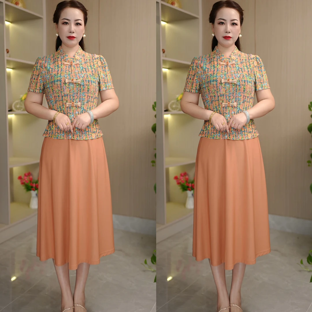 1089#新款冰雪丝六盘扣气质假两件旗袍连衣裙