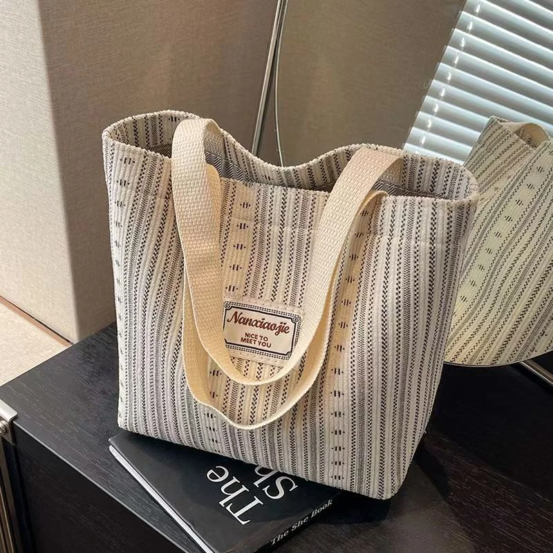 ins日式包包女2025帆布包时尚条纹手拎单肩包女上课托特通勤书包