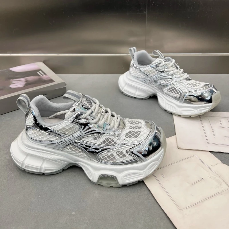 2025夏季新款厚底薄网透气老爹鞋女百搭气垫绑带小个子增高休闲鞋