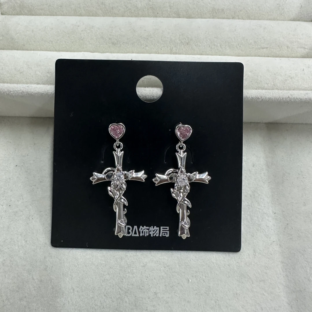 铜合金合成锆石耳饰 时尚潮流十字架耳钉 1303