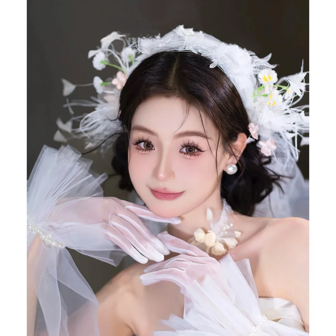 甜美网纱花朵发带超仙气羽毛头饰森系新娘结婚纱礼服配饰外景拍照