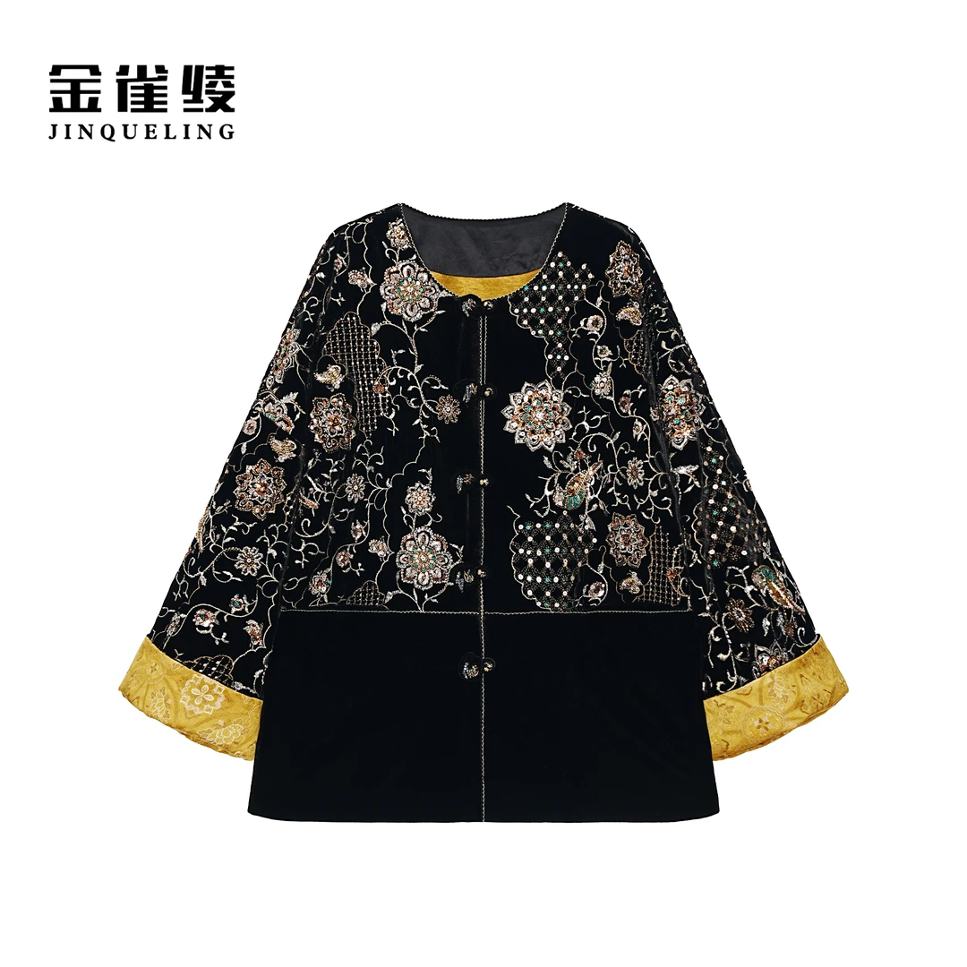 金雀绫【璀璨风华】100桑蚕丝丝绒加宽加大钉珠绣花外套SZA3TY830
