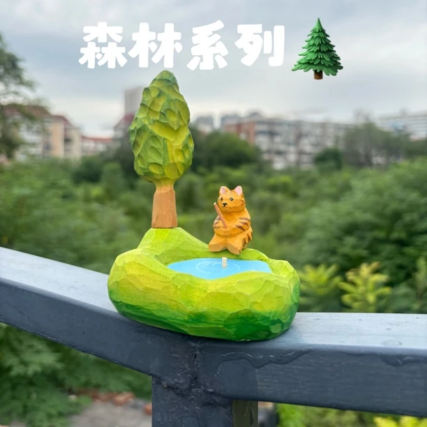 小猫钓鱼森林系列实木纯手工木雕雕刻木制摆件治愈可爱礼物潮玩