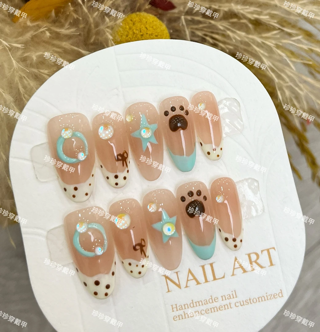 【游泳圈】珍珍手工穿戴甲可爱童趣法式波点手绘五角星可拆卸美甲