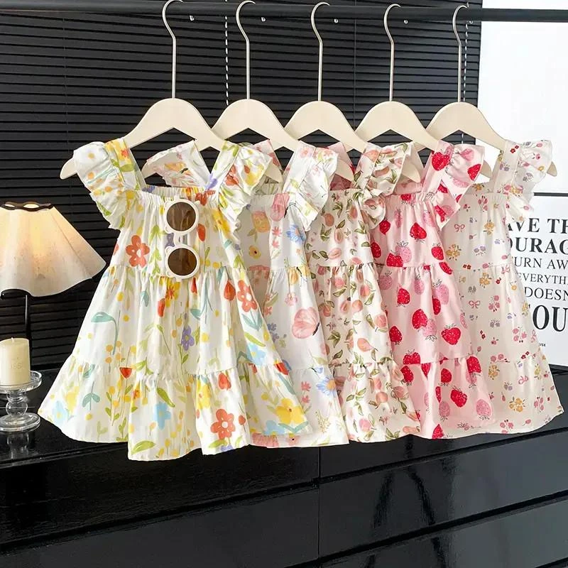 儿童吊带连衣裙蛋糕裙女童夏季薄款裙小女孩飞袖洋气碎花裙宝宝