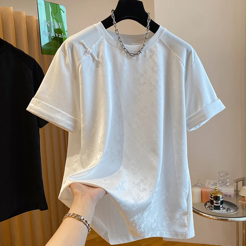P991新款新中式国风盘扣t恤女短袖宽松缎面拼接棉质打底衫上衣夏