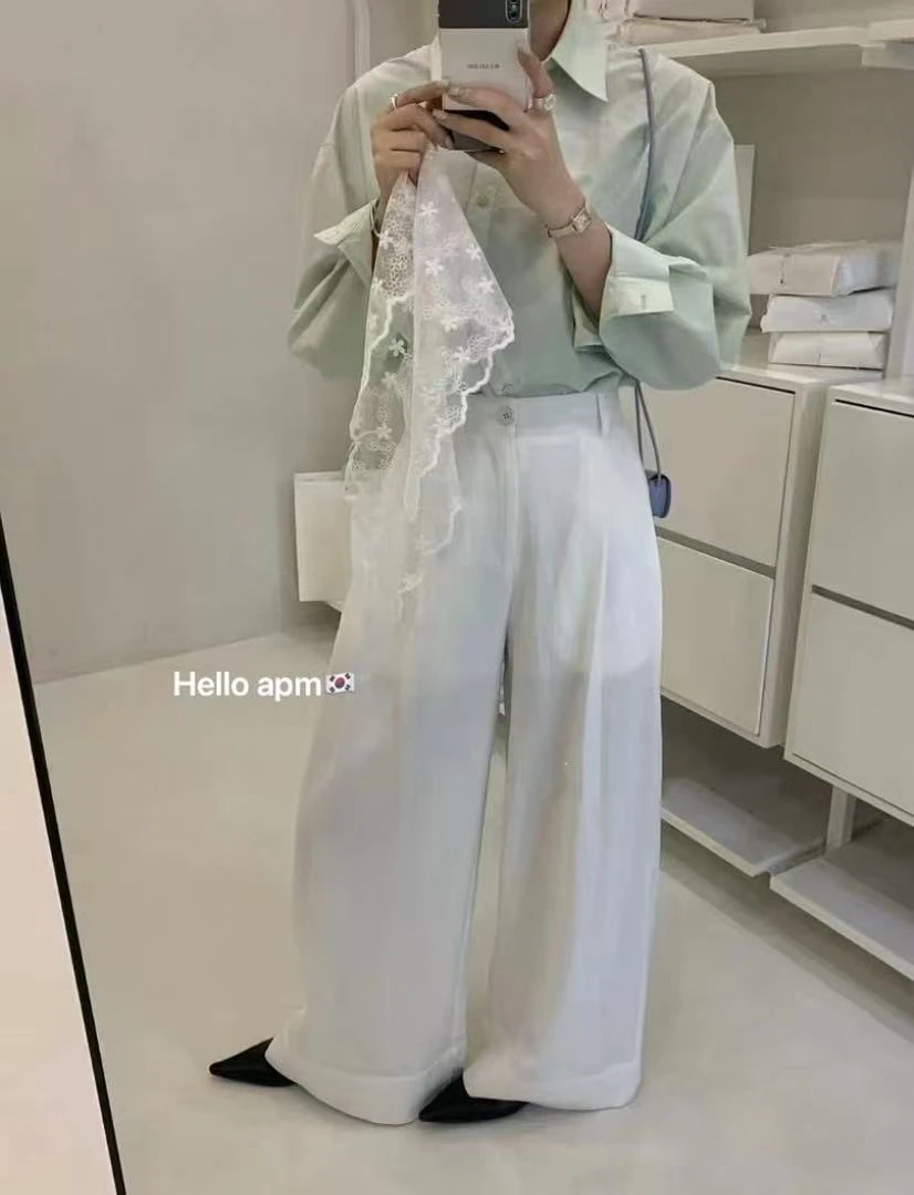 韩系简约纯色高腰显瘦阔腿休闲裤女装春款气质宽松垂感百搭长裤