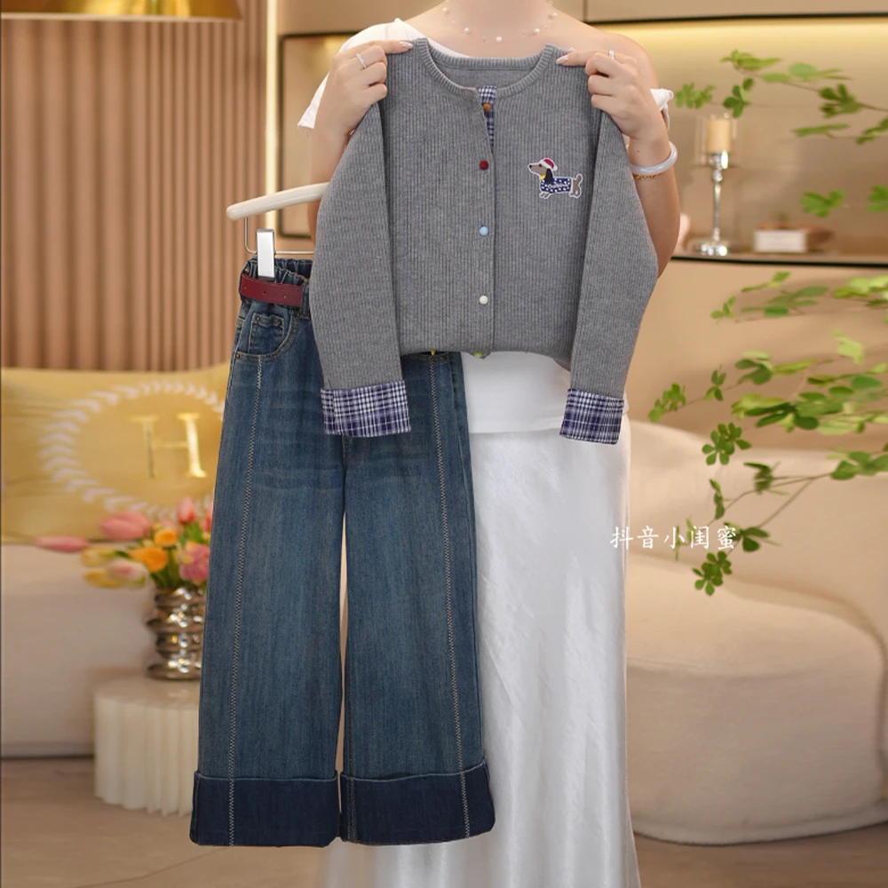 【闺蜜家】女童秋季2025新款时尚卡通毛衣开衫外套+牛仔裤套装-8665