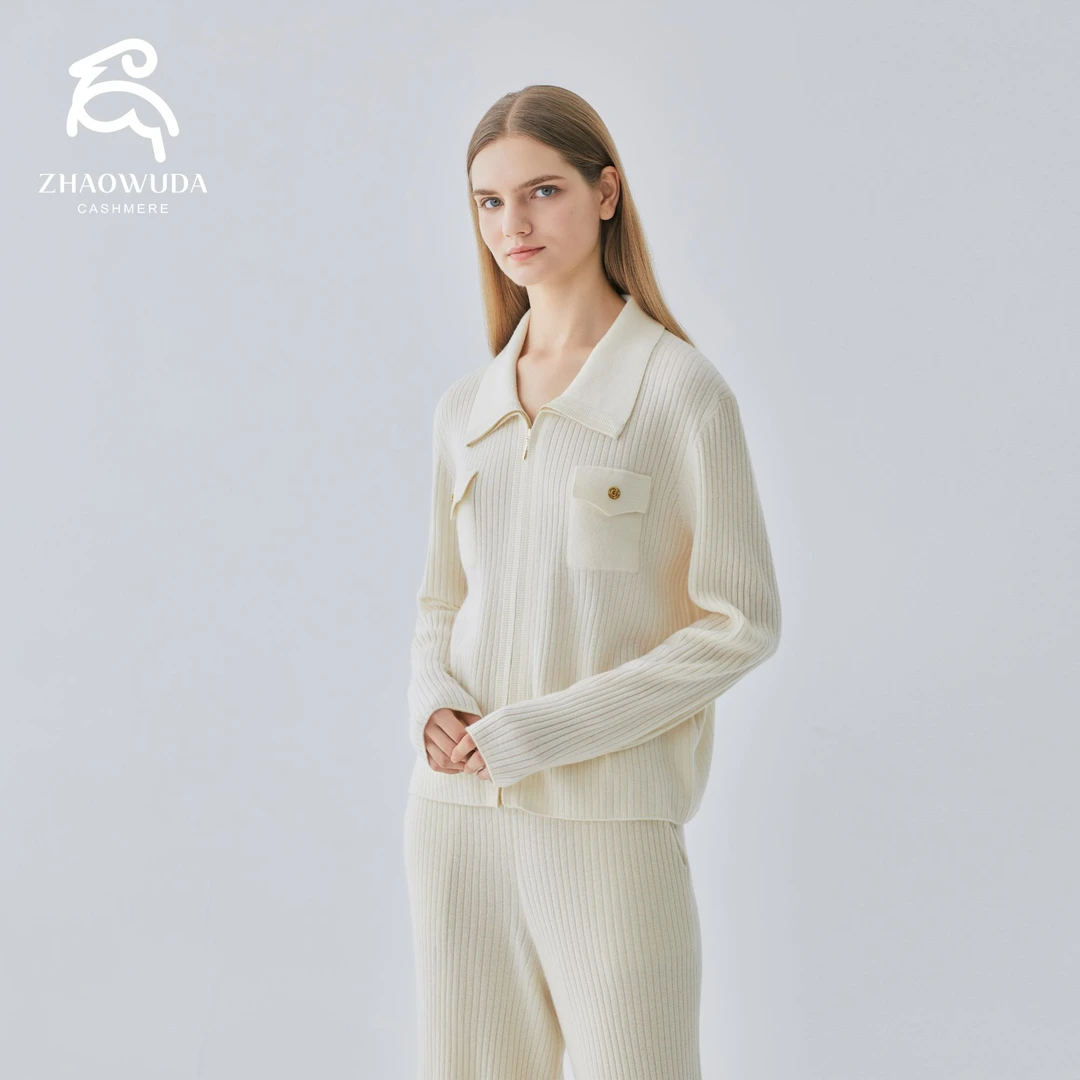 ZHAOWUDA/昭乌达  100%山羊绒拉链开衫 双兜开衫 针织衫