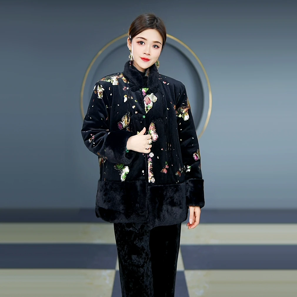 如歌年代冬季新款时尚国风印花加绒加厚棉服保暖高贵妈妈短款外套
