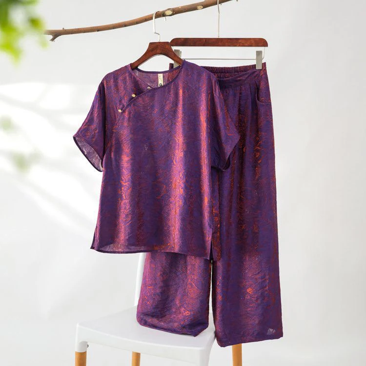 夏季新中式国风套装女装宽松气质上衣十阔腿裤两件套（出口料）