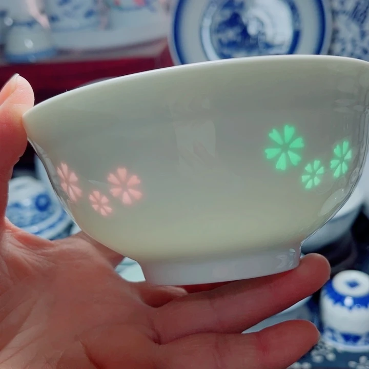 青花玲珑5寸饭碗三星花彩玲珑