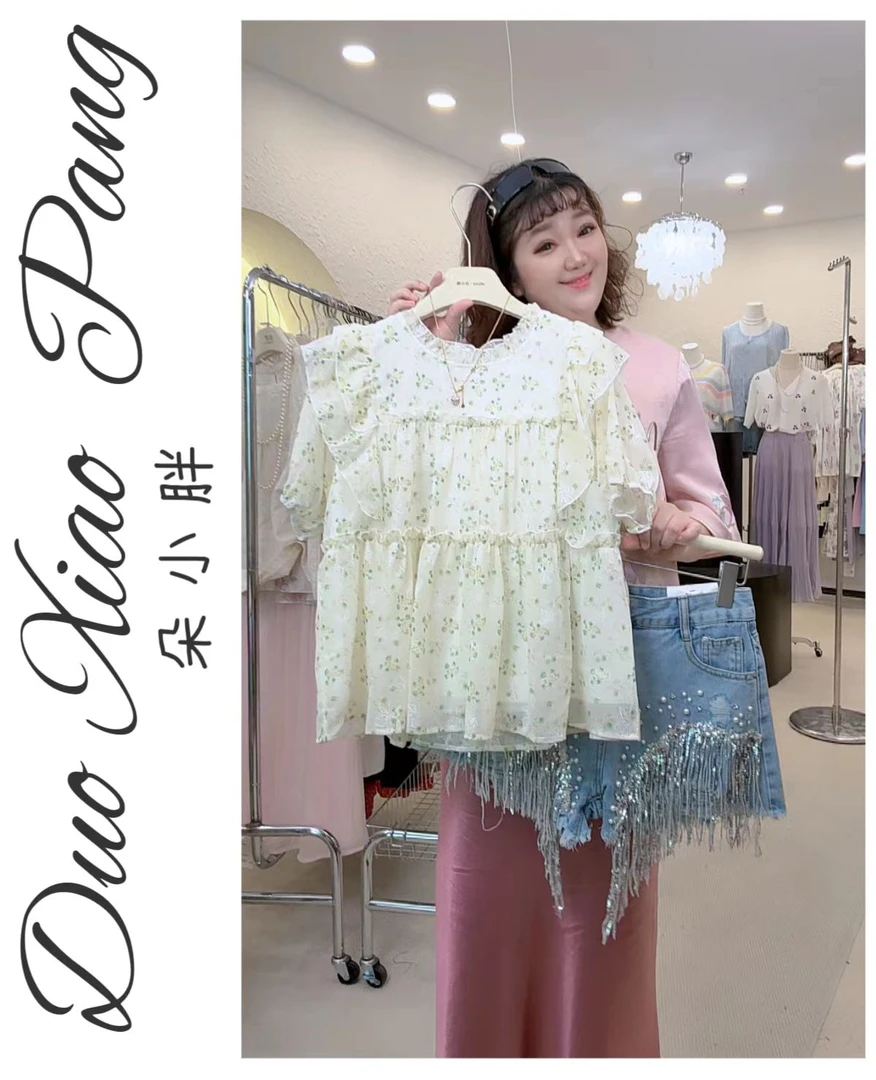 9989夏法式小众飞飞袖压褶打底衫宽松显瘦泡泡袖小碎花上衣衬衫女