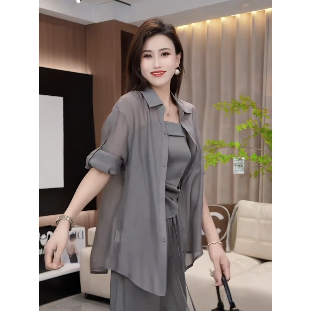 气质衬衫夏季新品休闲宽松显瘦百搭小衫冰凉天丝防晒简约时尚上衣