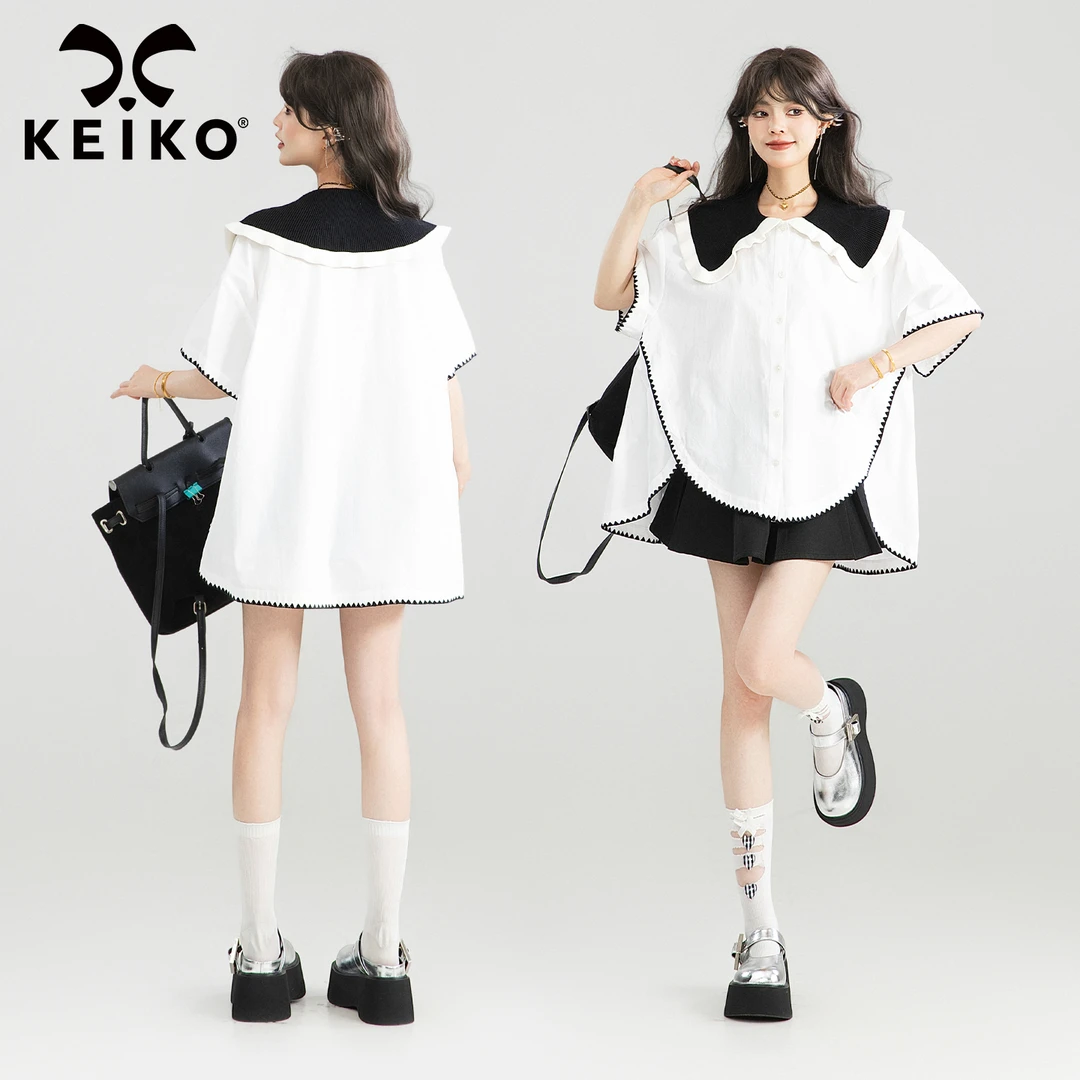 KEIKO 航海风撞色大翻领白色衬衫夏季高级感贝壳包边绣花宽松上衣