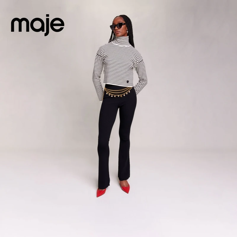 出游穿搭|Maje经典款黑色高腰微喇裤长裤MFPPA00528