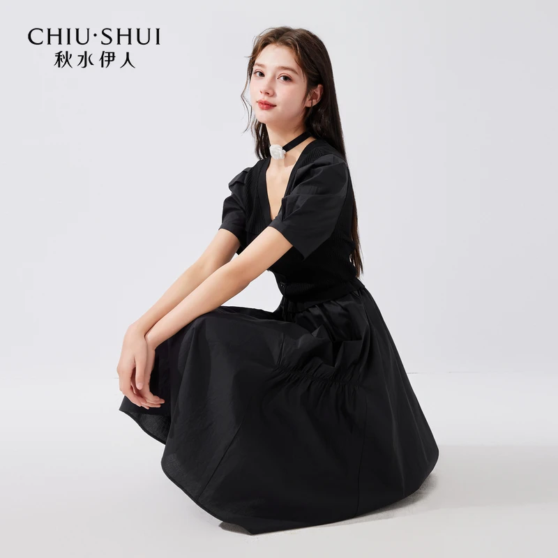 【直播】秋水伊人优雅法式V领黑色连衣裙夏季新款女设计感显瘦0178