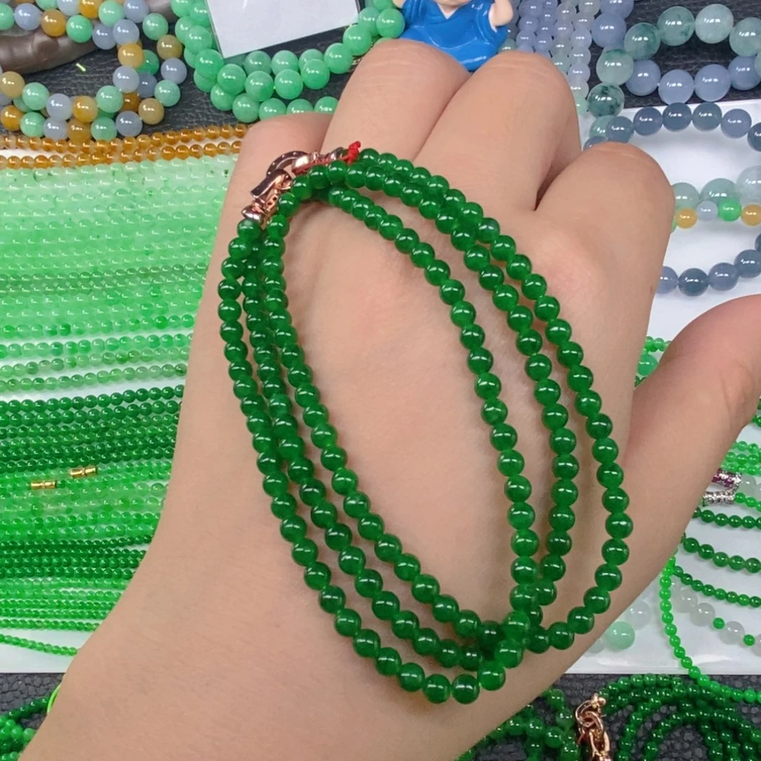 颈饰未镶嵌翡翠缅甸天然翡翠辣绿小米珠项链4