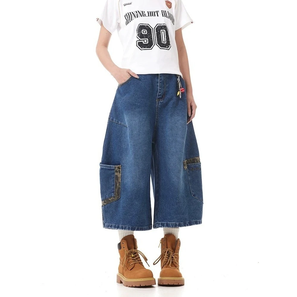 美式复古小众做旧阔腿七分裤宽松豹纹拼接直筒休闲弯刀牛仔裤女潮