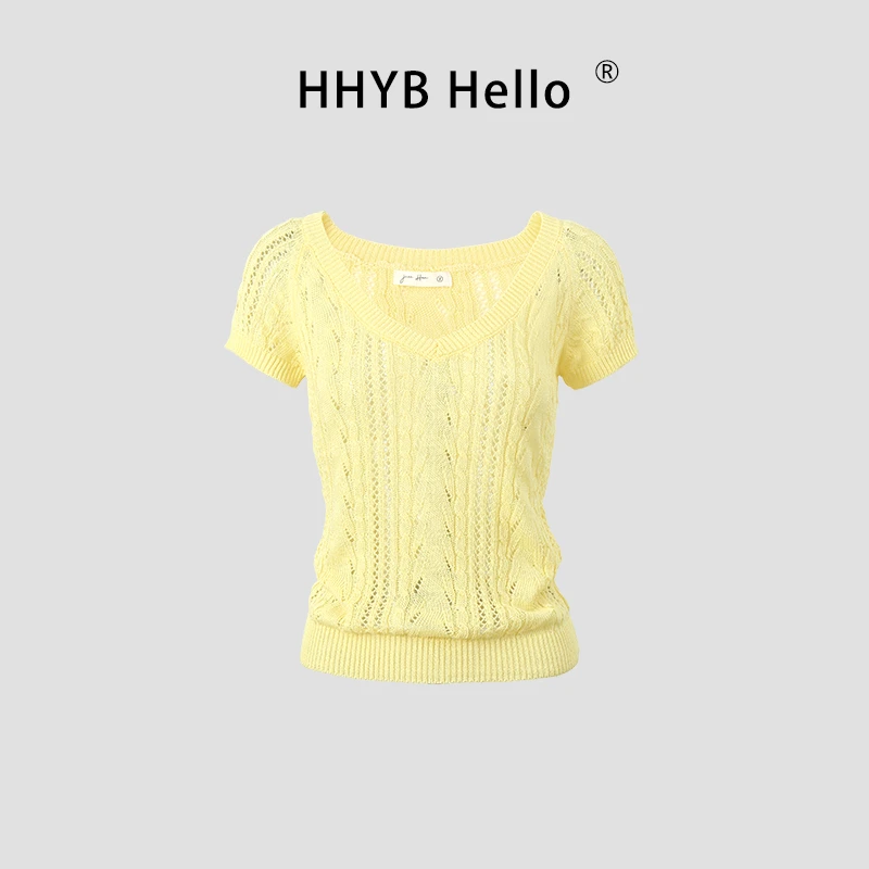 HHYB Hello2025夏季新款修身v领镂空微透短袖针织衫T恤上衣M1269
