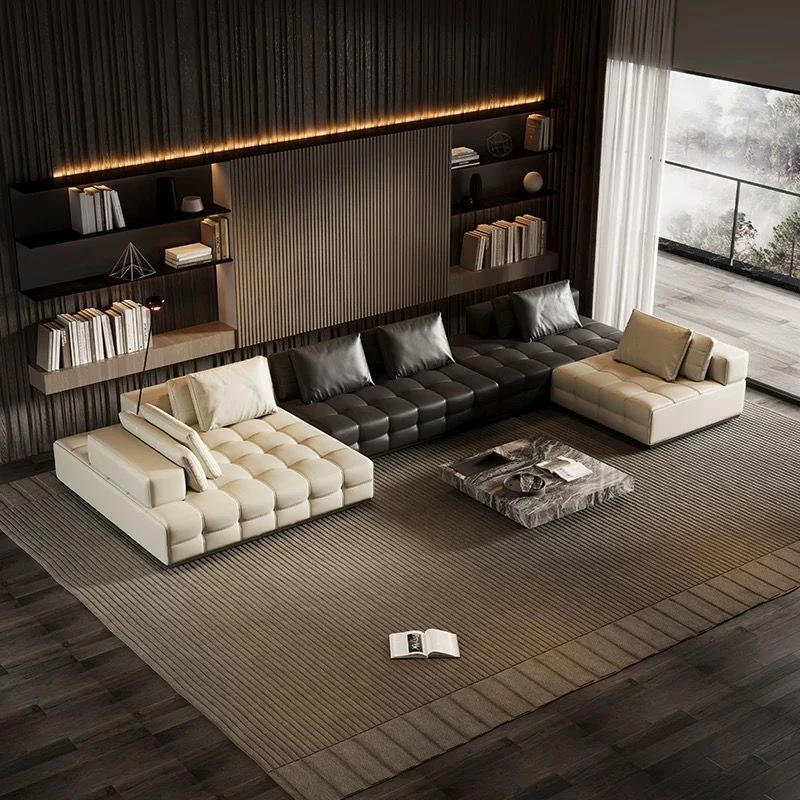 真皮沙发意式极简直排轻奢大户型客厅大黑牛沙发黑色