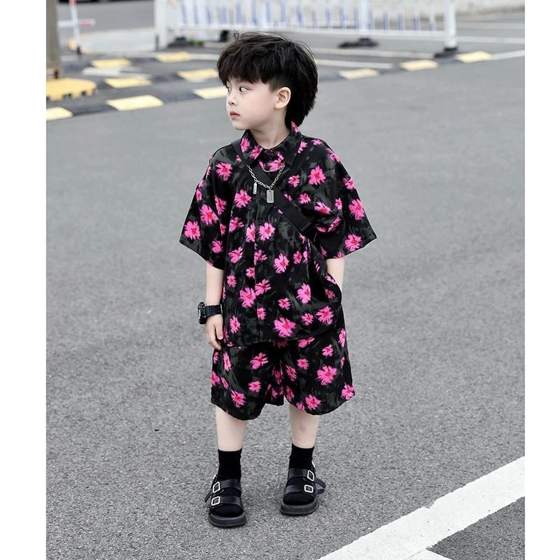 男童套装2025夏季新款儿童冰感爽滑短袖印花洋气衬衫男童夏装套装