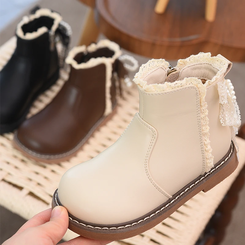 儿童皮靴女童加绒保暖公主靴冬季新款2025女孩时尚蝴蝶结防滑童靴