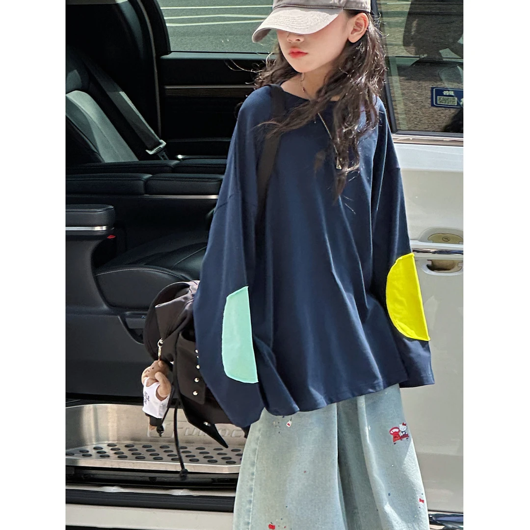 K29460 撞色女童长袖T恤2025秋装新款儿童宽松上衣春秋休闲打底衫