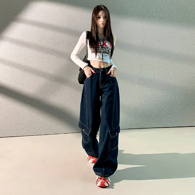 新款原色工装裤多口袋宽松牛仔裤女百搭显瘦