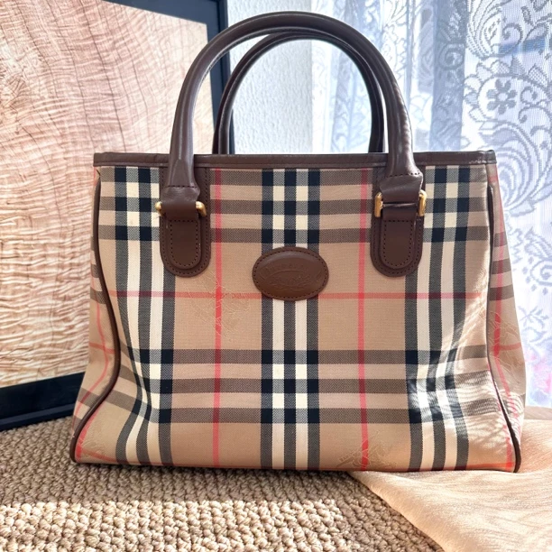 95新 BURBERRY/博柏利 XM/战马格纹线条拼红皮手提包/JJ12128184