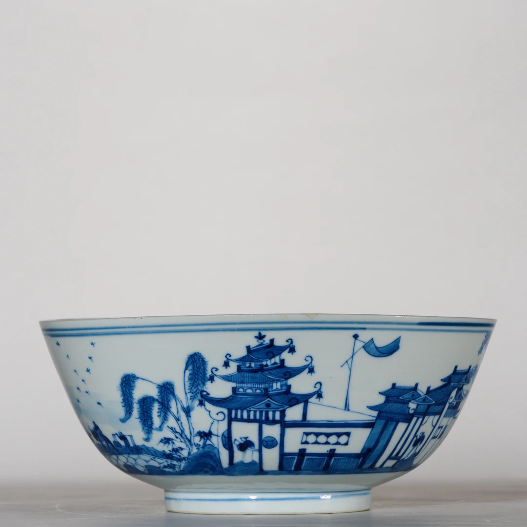 5207清晚期·青花山水人物碗【古董拍卖】