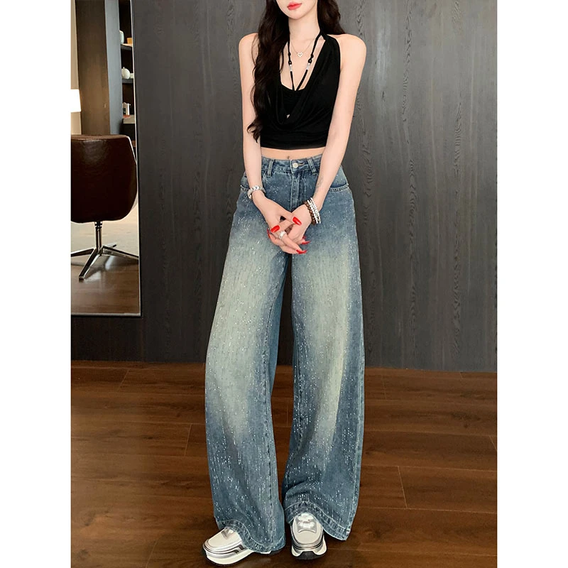重工满天星河碎钻阔腿牛仔裤女2025秋季高腰宽松显瘦高级感拖地裤