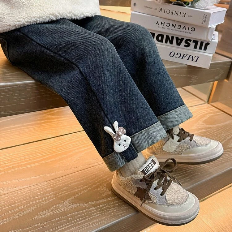 加绒女童牛仔裤2025新款洋气儿童女孩一体宝宝小童裤子冬小童牛仔