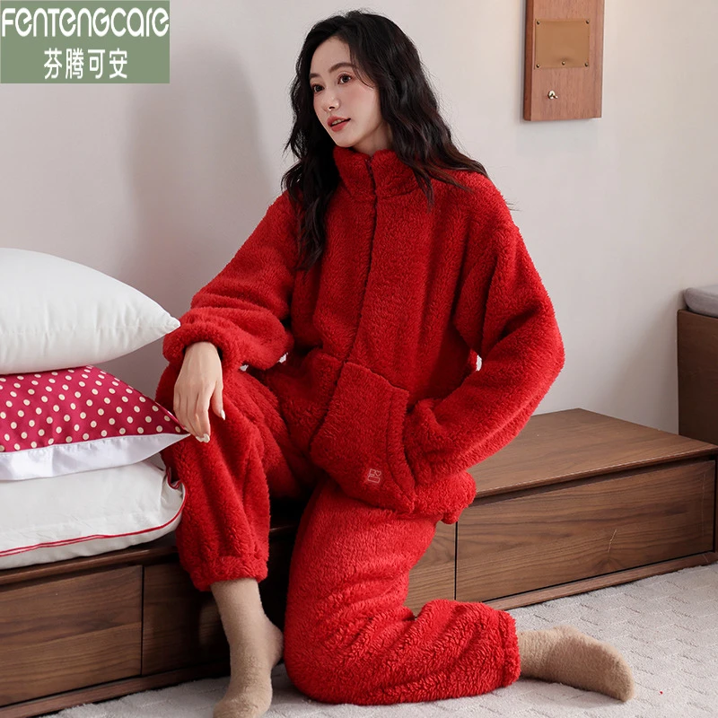芬腾可安秋冬款女士胖MM睡衣法兰绒保暖加厚拉链冬天珊瑚绒家居服