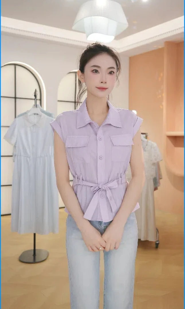F2957小个子韩系气质百搭坎肩袖收腰衬衫女款2025夏季小众上衣