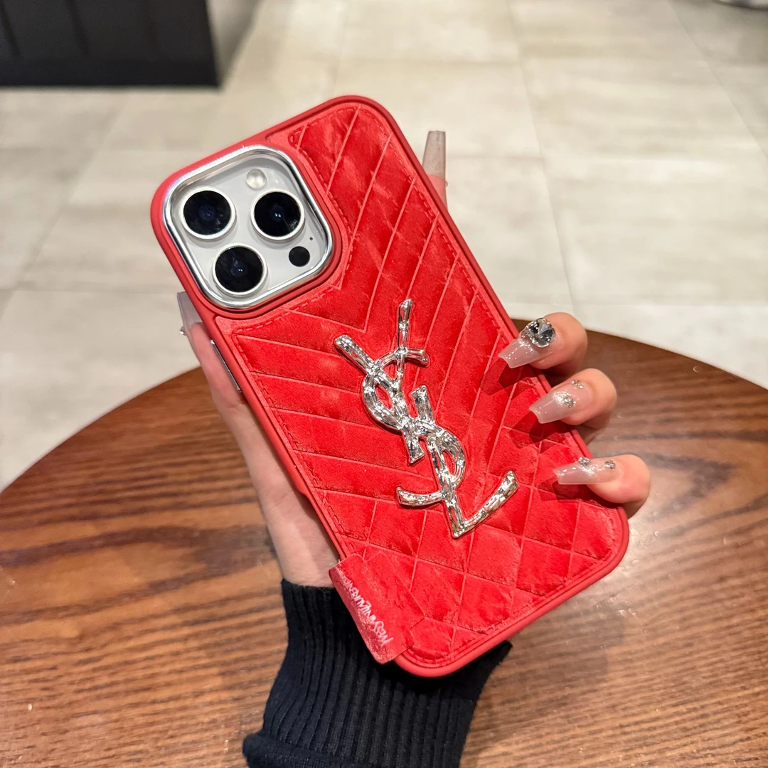 潮牌奢华YSL适用苹果16手机壳iPhone17promax复古菱格15红色14/13