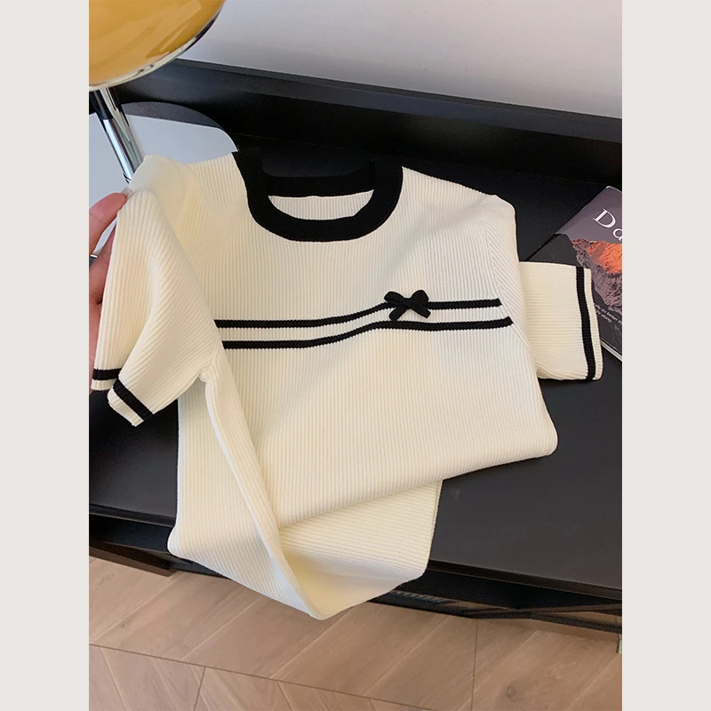 撞色蝴蝶结冰丝短袖针织衫女装夏季新款正肩t恤显瘦内搭打底上衣