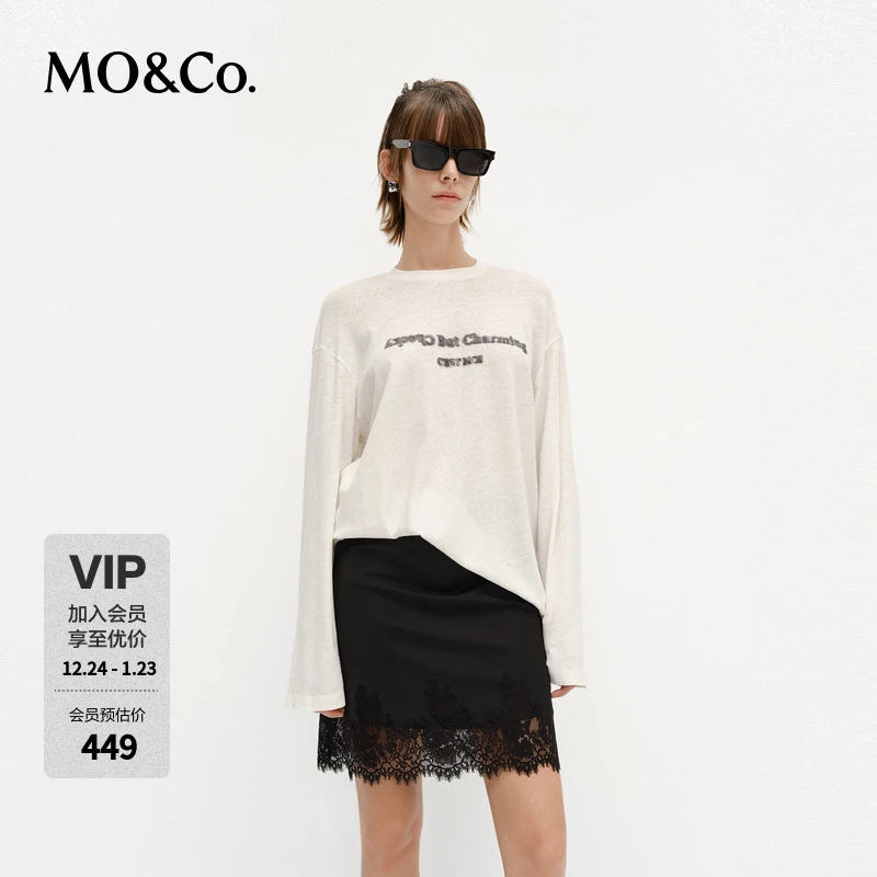 MOCO棉麻T恤2025春新品含亚麻水墨印花绣花描边长袖MBE1TEE008