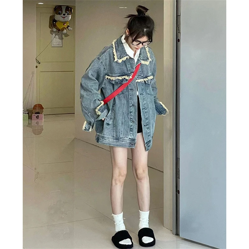 复古韩版街头美式做旧水洗牛仔外套女春秋新款宽松夹克上衣潮