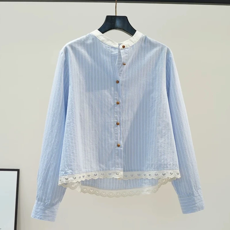法式条纹圆领长袖衬衫女2025春季新款设计感蕾丝拼接独特别致上衣
