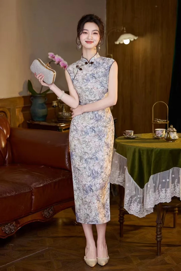 匠心设计蓝色无袖气质新中式国风旗袍裙子女款爆款2025新款连衣裙