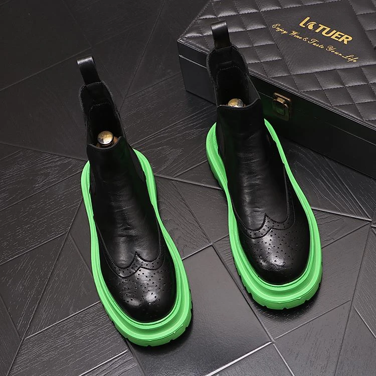 布洛克雕花男鞋子厚底内增高短筒皮靴新品圆头男士马丁靴切尔西靴