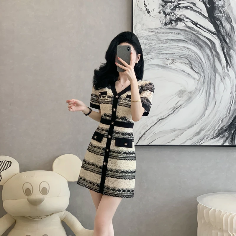 小香风蕾丝连衣裙女夏季法式轻奢气质减龄显瘦条纹a字短裙子薄款