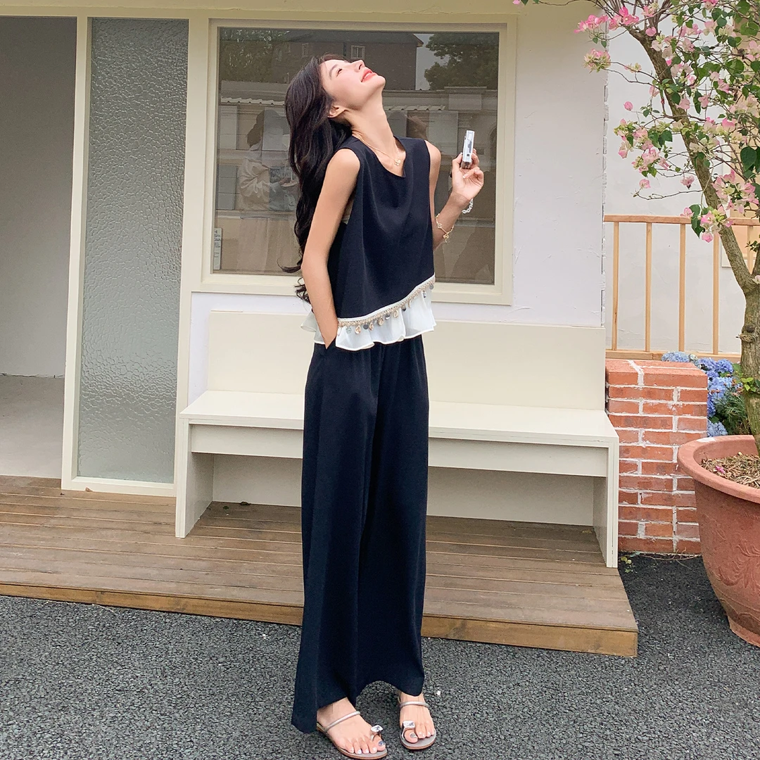 波西米亚设计感无袖拼接假两件上衣阔腿裤套装两件套女夏又a又飒