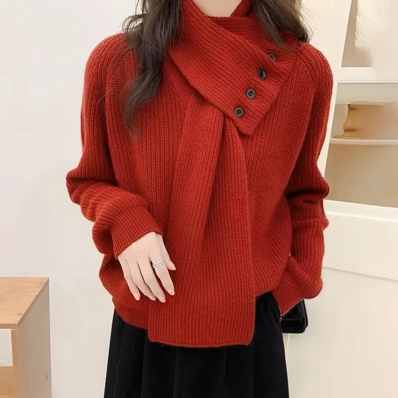 设计感百搭配围巾套头毛衣2025新款温柔风加厚显瘦减龄红色毛衣